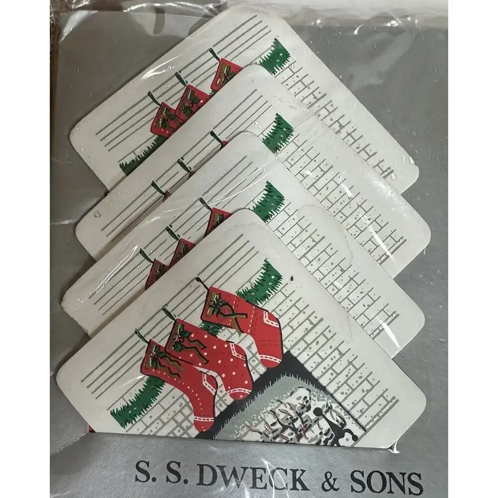SS Dweck & Sons Vinyl Christmas Placemats & Coasters Vtg Holiday Fireplace Set 4